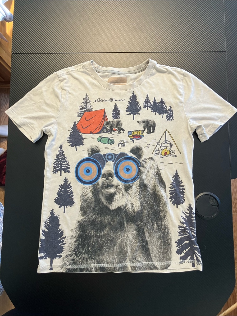 Eddie Bauer White Bear Camping Graphic Tee with Blue and Orange Accents